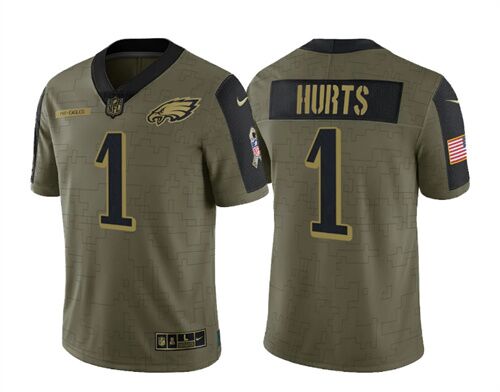 Men's Philadelphia Eagles #1 Jalen Hurts 2021 Olive Salute To Service Limited Stitched Jersey Men's Philadelphia Eagles #1 Jalen Hurts 2021 Olive Salute To Service Limited Stitched Jersey